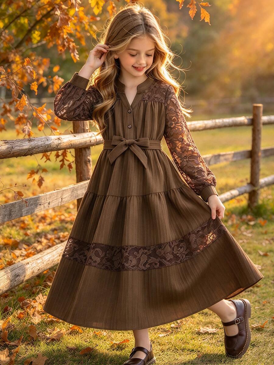 Left Mama Girls Elegant Vintage Floral Mesh Long Sleeve Dress, Spring/Autumn Pastoral Style - Brown - View 1