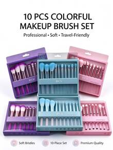 BYCSL 10pcs Colorful Portable Makeup Brush Set With Box, Soft Face & Eye Cosmetic Brushes For Contour Highlighting Eyeshadow Blending, Travel Beauty Tool Kit For Beginners - Multicolor - View 1