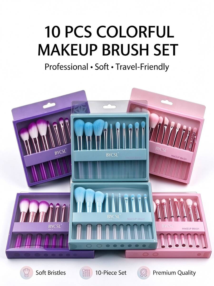 BYCSL 10pcs Colorful Portable Makeup Brush Set With Box, Soft Face & Eye Cosmetic Brushes For Contour Highlighting Eyeshadow Blending, Travel Beauty Tool Kit For Beginners - Multicolor - View 1