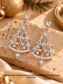 Silver Rhinestone Christmas Tree Dangle Earrings, Happy New Year Letter Charm, Crystal Drop Statement Jewelry For Women, Holiday Party Gift - Silver - View 5