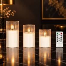 3 Pieces Set Of Vertical-Striped Flameless LED Candles (With Remote Control) – Realistic Flickering Flame, Battery-Operated (AA Batteries Not Included); Suitable For Halloween, Christmas, Weddings, Bedrooms, Tabletop Decor, And Festive Celebrations. - Multicolor - View 9