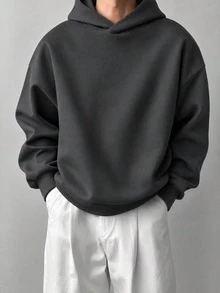 男士秋冬休閒時尚極簡日常通勤純色袋鼠口袋抽繩連帽衛衣 - 深灰色 - 查看 1