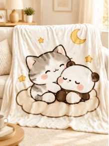 > Adorable Cat Panda Sleeping Cloud Stars Fleece Throw Blanket Warm Soft Cozy Decorative - White - View 14