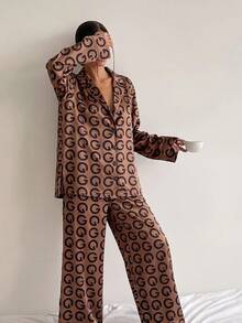 2pcs/Set Women's Satin Pajama Set, All-Over Geometric Print Lapel Deep V-Neck Long Sleeve Top And Pants, Smooth Faux Silk Loungewear - Brown - View 5