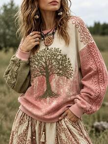 Bohemian Vintage Women's Colorblock Tree Of Life Pattern Retro Floral Print Crew Neck Pullover - Multicolor - View 4