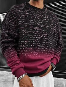 Krometka Men's Gradient Tie-Dye Crew Neck Sweatshirt, Full Print Handwritten English Manuscript Graphic Loose Fit Long Sleeve Top - Black - View 3