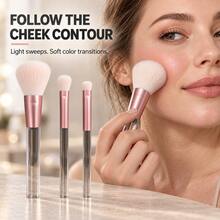 3 Piecesnew Transparent Handle, Pink Makeup Brush Set, Professional Makeup Tools, Suitable For All Skin Types, Multi-Functional Eyeshadow Brush, Blush Brush, Contour Brush, Blending Brush, Suitable For Travel Makeup Brushes. - Pink - View 1
