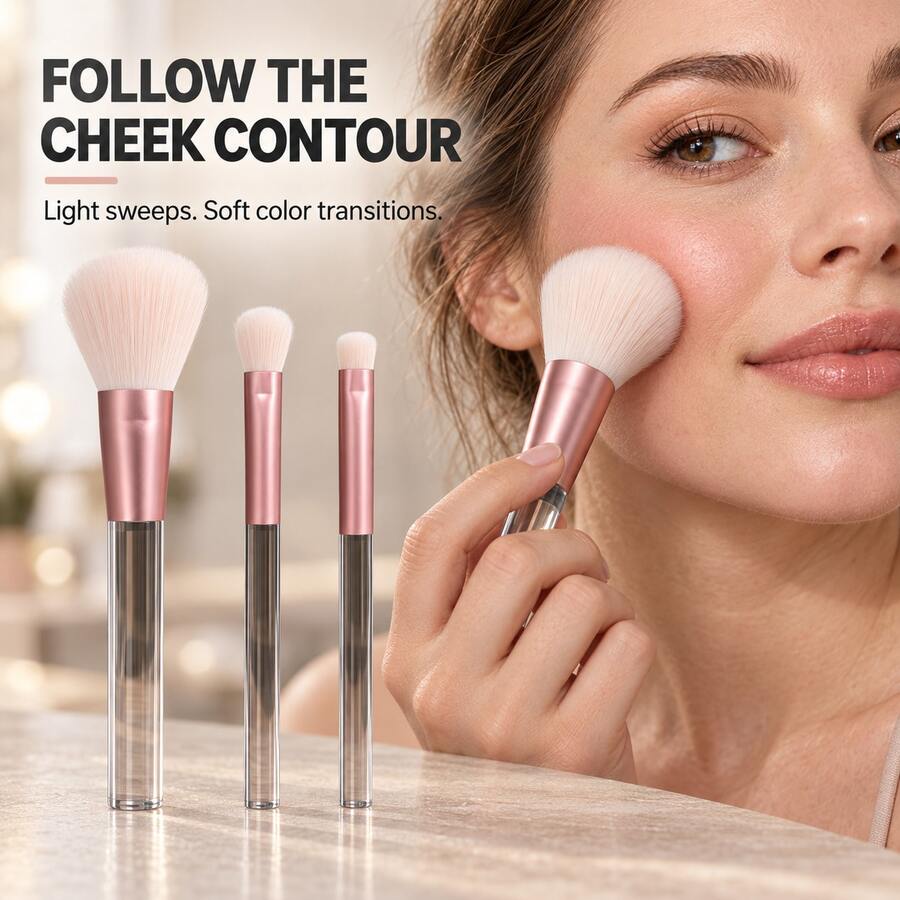 3 Piecesnew Transparent Handle, Pink Makeup Brush Set, Professional Makeup Tools, Suitable For All Skin Types, Multi-Functional Eyeshadow Brush, Blush Brush, Contour Brush, Blending Brush, Suitable For Travel Makeup Brushes. - Pink - View 1