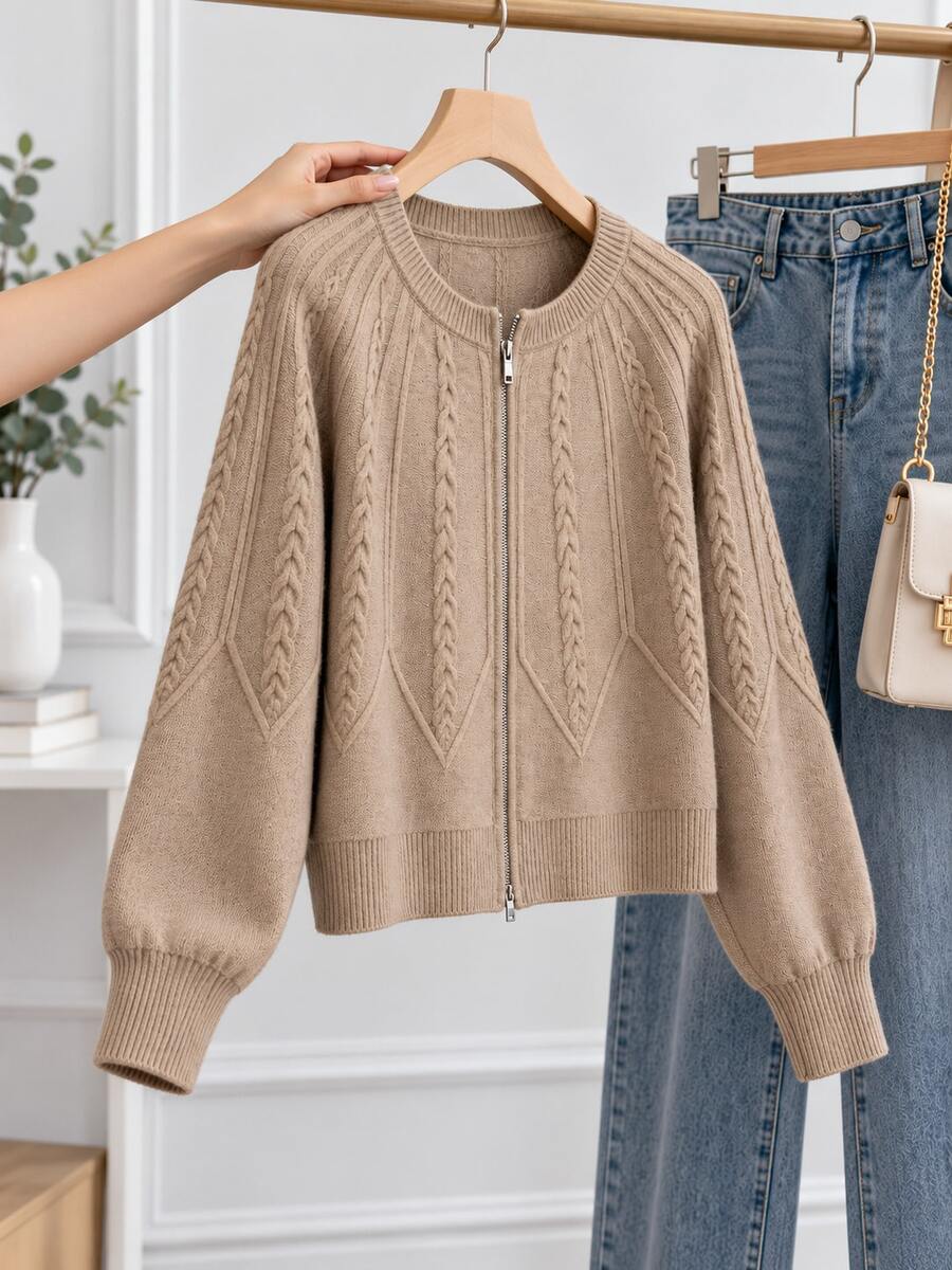 Áo khoác cardigan len vặn thừng nữ có khóa kéo, cổ tròn, tay dài phồng, gấu bo gân, dáng ngắn - Màu be - Xem 1