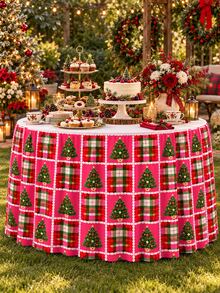 1pc Christmas Rose Red Printed Table Skirt, Christmas Tree & Red-Green Plaid Patchwork Pattern, White Pearl Chain Border Print, Pleated Design, Suitable For Rectangular Dining Table, Buffet Table And Christmas Home Party Decoration - A - View 5