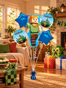 Minecraft Alex Character Balloon Decoration, Pixel Adventure Foil Balloon Set With Star Balloons For Birthday Party, Gaming Theme Celebration And Block World Atmosphere - View 6