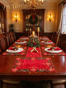 HXARTMIS 1/2/4pcs Christmas Poinsettia Embroidered Hollow Placemats, Red Hollow Table Mats, Holiday Table Decor, 30*45cm Holiday Fabric, Suitable For Christmas Party And Daily Home Decoration - Red - View 8