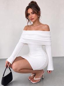 SUNSTORY Women's Autumn Fitted Off-Shoulder Short Knit Dress, Party Gathering Commute Wedding Guest Back To School Dance Christmas - Champagne - View 6