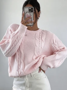 Plus Size Women's Casual Solid Color Cable Knit Pullover Sweater, Loose Lazy Long Sleeve Short Length Knit Top, Versatile For Daily Wear And Commuting - Pink - View 9