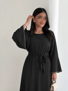 1pc Nida Fashion Minimalist Elegant Solid Color Beaded Cuff Muslim Abaya Dress, Essential For Daily Wear, Convenient And Lightweight - Multicolor - View 25
