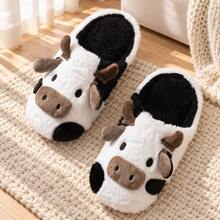 Comfortable Winter Cartoon Cute Cow Plush Slippers - Soft Warm Home Shoes, Fabric Sole, Hand Washable, Unisex - White - View 1