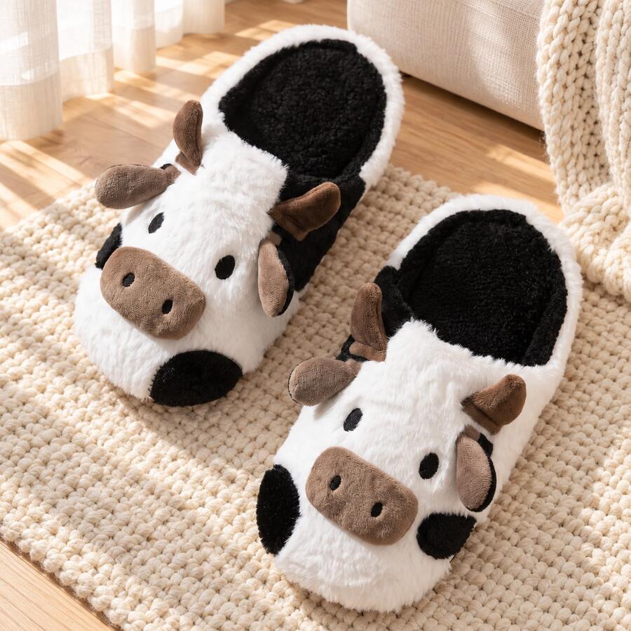 Comfortable Winter Cartoon Cute Cow Plush Slippers - Soft Warm Home Shoes, Fabric Sole, Hand Washable, Unisex - White - View 1