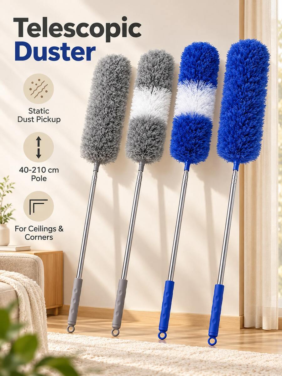 Modern Microfiber Extendable Duster, Gray White Fluffy Dusting Head With Telescopic Metal Pole And Non Slip Grip, Washable Static Dust Collector For Ceiling Fans, High Corners, Wall, Shelves, Home Cleaning, Spring Cleaning, Fall Winter Housework