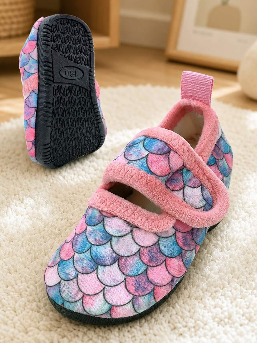 Fish Scale Kids Indoor Slippers Girls Soft Rubber Sole Lightweight Warm Comfortable Colorful Leopard Print Hook And Loop Toddler Mid-Child Autumn Winter - Multicolor - View 1