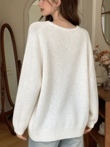 Korean Style New Round Neck Knit Pullover Sweater With Scattered Fine Glitter Sequin Embellishments, Long Sleeve Loose Minimalist Versatile Top For Women - Beige - View 6