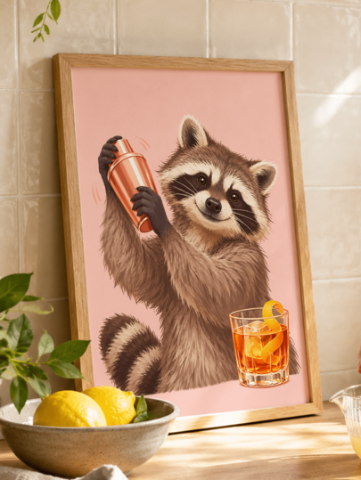 1pc Unframed Funny Raccoon Cocktail Shaker Wall Art Print, Cute Cartoon Raccoon Mixing Drink Poster, Pink Background Whimsical Bar Kitchen Canvas Painting, Dining Room Aesthetic Wall Decor