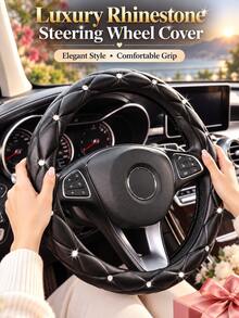 YAIUZGOO Black Rhinestone Steering Wheel Cover, Diamond Quilted Leather Car Steering Wheel Protector, Shiny Crystal Design Auto Interior Accessory, Comfortable Grip Steering Wheel Wrap, Fashionable Car Decor Gift For Women - Multicolor - View 5