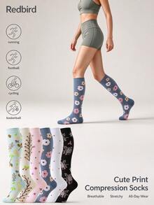 6 Pairs Women Knee High Support Socks, Assorted Botanical Flower Pattern Socks, Soft Stretch Socks For Sports Training All Day Wear - Multicolor - View 9