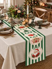 1pc/2pcs Christmas Table Runner 13x72 Inch Santa Gingerbread House Print, Red White Striped Holiday Table Decor, Vintage Farmhouse Christmas Dining Room Decoration, Winter Home Party Supplies - Green Stripes - View 3