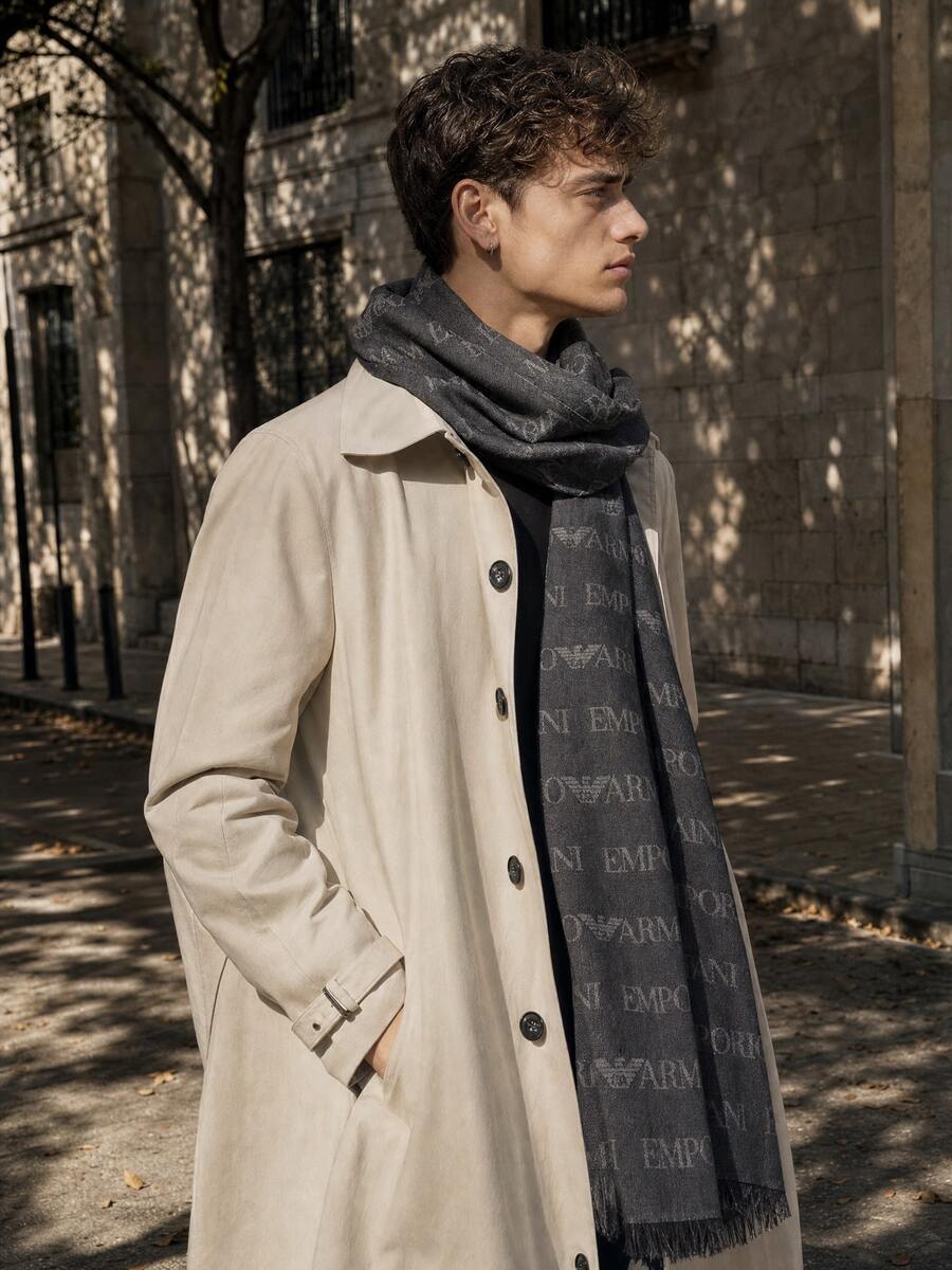 Emporio Armani Unisex Tassel Scarf With Allover Logo Print EM004238 AF21541 F6138 - Brown EM004238 AF21541 F6138 - View 1