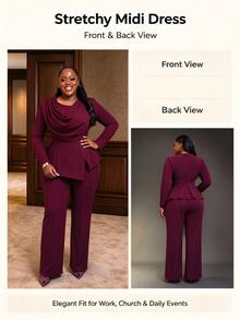 NOU Women's 2 Pieces Set Fitted Long Sleeve Top With Basic Round Neck And Exaggerated Ruffle Front, Cinched Waist And Small A-Line Hem, Fitted Straight Leg Pants, Flattering Slimming Design, Versatile Outfit, Halloween Costume, Autumn Wear, Back To School, Weekend - Burgundy - View 7