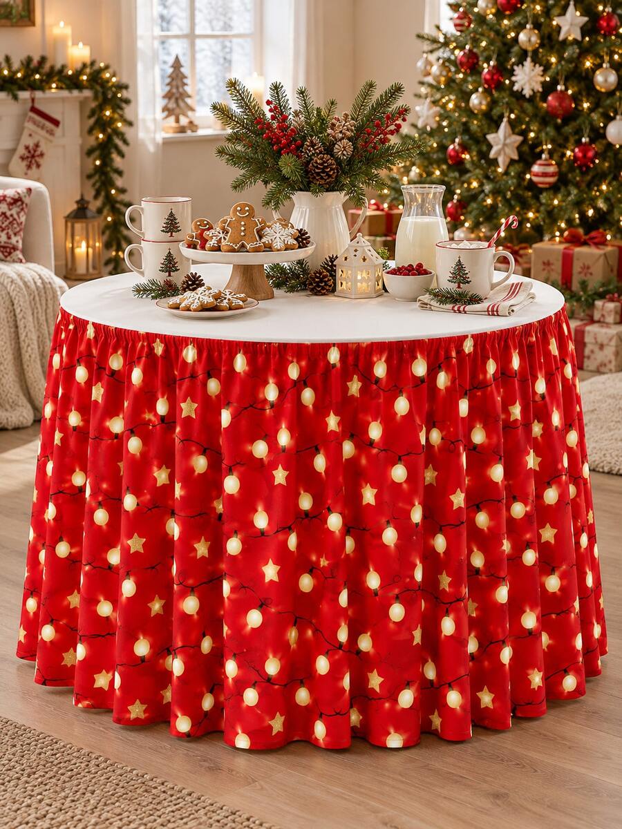 1pc Christmas Print Pleated Table Skirt, Gift Box Snowflake, Red Background String Lights Star And White Background Christmas Tree Pattern Optional, Suitable For Round And Rectangular Tables, Buffet Tables And Indoor/Outdoor Christmas Party Decoration - C - View 1
