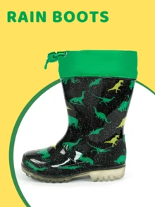 Dinosaur Print Kids Rain Boots, Anti-Slip Wear-Resistant Rubber Waterproof Rain Boots For Boys With Elastic Cuff - Olive Green - View 3