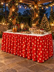 1pc Christmas Print Pleated Table Skirt, Gift Box Snowflake, Red Background String Lights Star And White Background Christmas Tree Pattern Optional, Suitable For Round And Rectangular Tables, Buffet Tables And Indoor/Outdoor Christmas Party Decoration - C - View 5