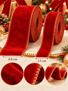 2-Yard Gold-Edged Ribbon, 4.0cm And 2.5cm Velvet Metallic Edge Ribbon, Soft And Drapable Texture. Suitable For DIY Bow Decorations For Hats And Bags, Christmas Tree Wreaths, Gift Box Wrapping, Dress And Children's Clothing Trim, Christmas Wedding Floral Crafts And Fabric Decoration Ribbon. - Gold-trimmed Red - View 5