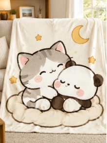 > Adorable Cat Panda Sleeping Cloud Stars Fleece Throw Blanket Warm Soft Cozy Decorative - White - View 1