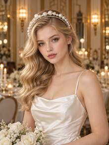 Wedding Bridal Gold Double Layer Large Pearl Rhinestone Headband Elegant Glam Bridesmaid Prom Formal Hair Accessories - Multicolor - View 4