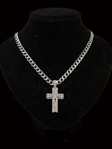 1pc European And American Hip Hop Style Jesus Cross Pendant Necklace, Copper Inlaid Zirconia, 7mm Stainless Steel Cuban Chain, Street Style Men's Versatile Accessory - Jesus Cross - View 9