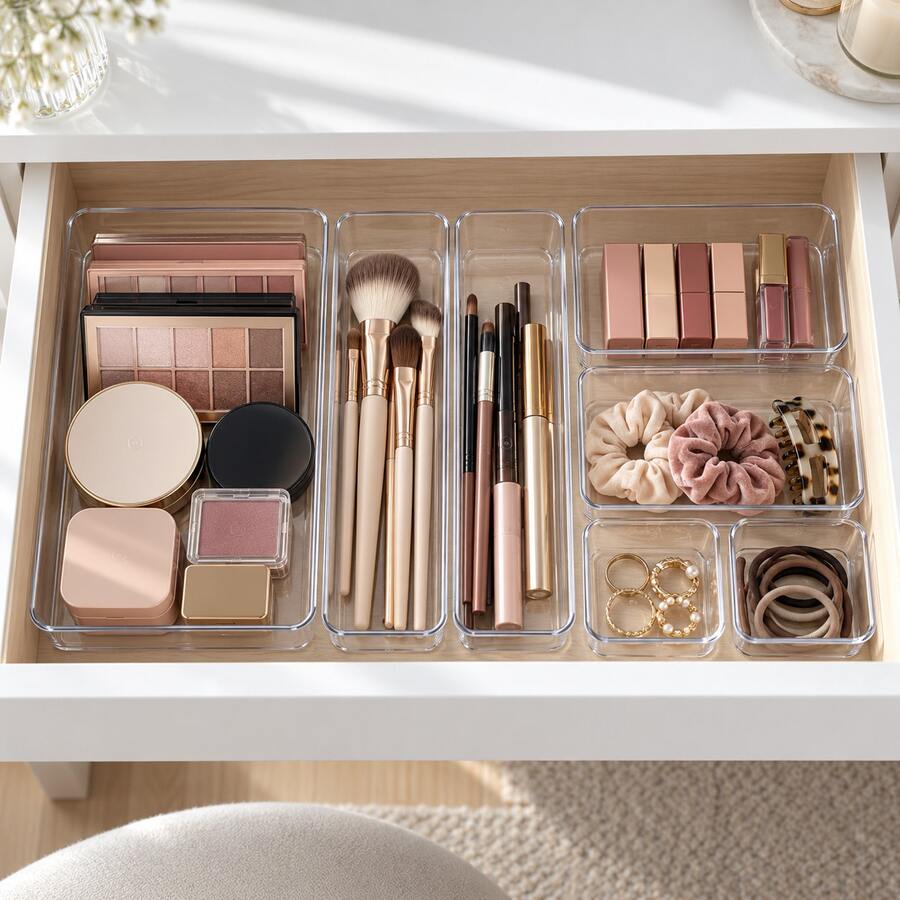1pc XL/7pcs Set Clear Plastic Drawer Organizer Tray, Transparent Storage Box, Suitable For Cosmetics, Jewelry, Makeup, Office Supplies, Bathroom And Bedroom Drawer Storage - Clear - View 1