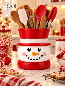 1pc Christmas Snowman Utensil Holder, 3 Colors Available, Cute Kitchen Counter Cutlery Storage Crock, Xmas Tabletop Decor, Holiday Kitchen Home Ornament - Snowman Storage - View 6
