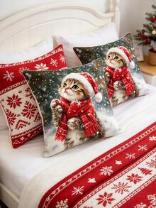 1PC Cute Christmas Cat With Red Santa Hat And Scarf Winter Snowflake Print Pillow Cover, Sofa Couch Cushion Home Decor - Multicolor - View 2