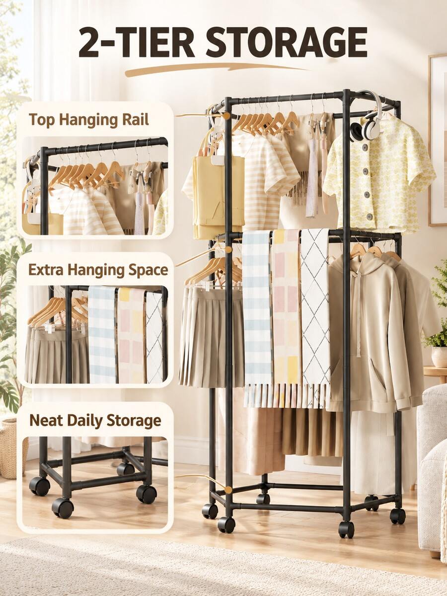 Square/Hexagonal Rotating Clothes Drying Rack, Rolling Clothes Rack With Load-Bearing Wheels, Space-Saving, Sturdy Metal Floor-Standing Multi-Bar Clothes Rack, Suitable For Bedroom, Dormitory And Balcony; Floor-Standing Rotating Clothes Drying Rack, Suitable For Room, Bedroom, Living Room - Multicolor - View 1