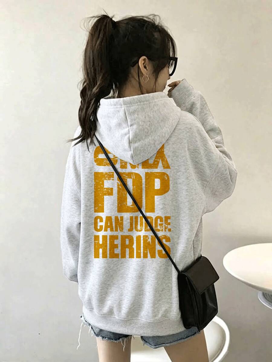 女款復古字母圖案連帽衛衣,寬鬆落肩長袖袋鼠口袋休閒套頭運動衫,秋冬款 - 花灰色 - 查看 1