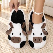 Comfortable Winter Cartoon Cute Cow Plush Slippers - Soft Warm Home Shoes, Fabric Sole, Hand Washable, Unisex - White - View 2