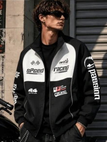 Men's Racing Jacket, Outdoor Casual Black Jacket, Autumn/Winter Men's Clothing, Slim Fit Long Sleeve Cuffed Collar Racing Jacket, Racing Driver Jacket - Black - View 4