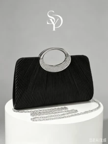 1pc Elegant Black Pleated Evening Clutch Bag - Rhinestone Ring Handle, Suitable For Weddings, Galas And Parties - Black - View 1