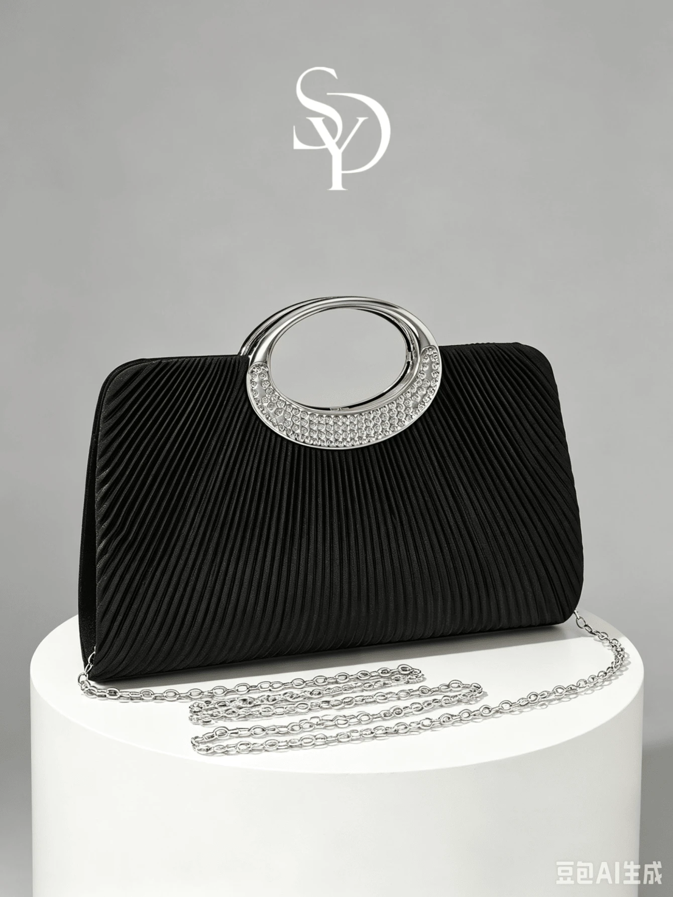 1pc Elegant Black Pleated Evening Clutch Bag - Rhinestone Ring Handle, Suitable For Weddings, Galas And Parties - Black - View 1