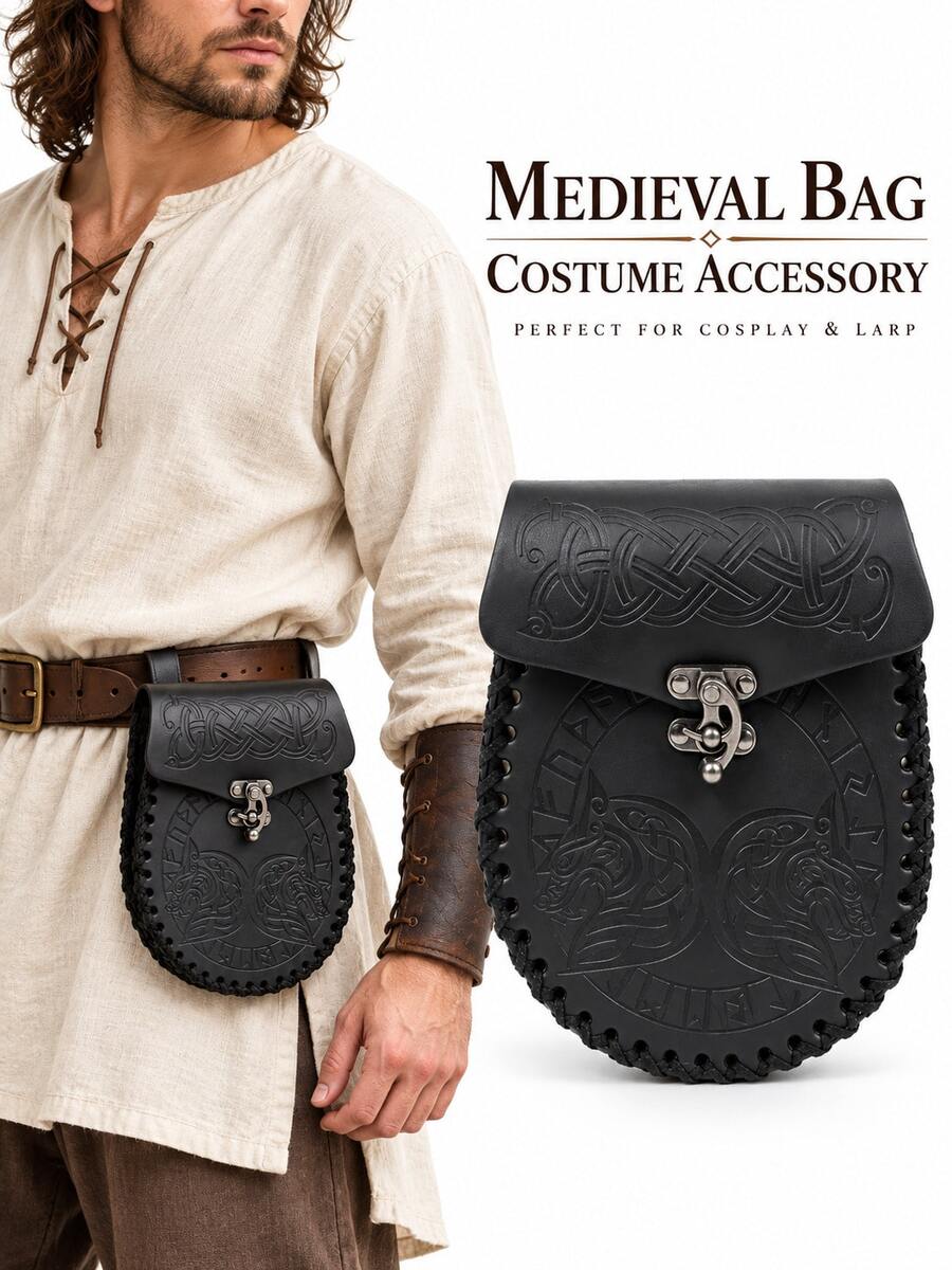 Medieval Dragon Embossed PU Leather Waist Bag, Halloween Renaissance Cosplay Waist Bag, Realistic Costume Prop - A - View 1