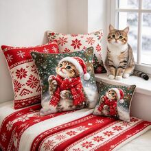 1PC Cute Christmas Cat With Red Santa Hat And Scarf Winter Snowflake Print Pillow Cover, Sofa Couch Cushion Home Decor - Multicolor - View 7