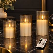 3 Pieces Set Of Vertical-Striped Flameless LED Candles (With Remote Control) – Realistic Flickering Flame, Battery-Operated (AA Batteries Not Included); Suitable For Halloween, Christmas, Weddings, Bedrooms, Tabletop Decor, And Festive Celebrations. - Multicolor - View 10