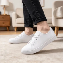 Men's White Canvas Shoes | Breathable & Durable | Low-Top Round Toe Lace-Up Design, Non-Slip Sole | Versatile For All Seasons, Suitable For Daily Wear, Shopping, Vacation - White - View 4